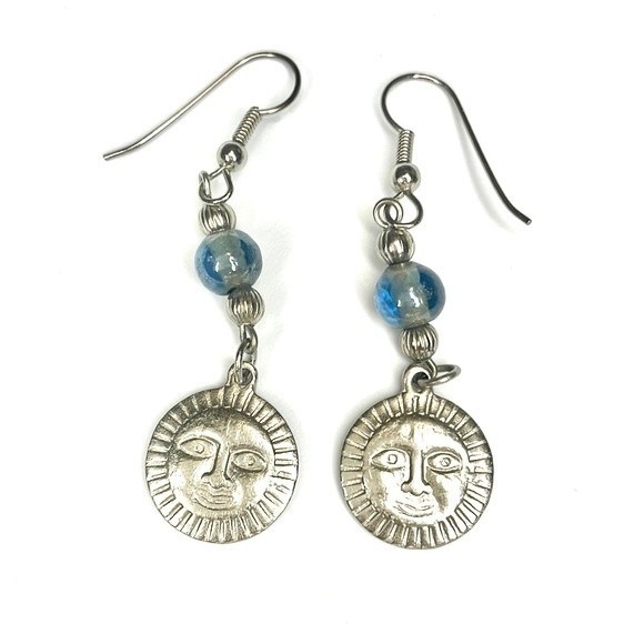 Silver Sun Face Blue Beaded Dangle Earrings - Picture 1 of 3